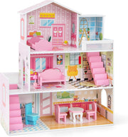 Casa delle Bambole in Legno, Casetta delle Bambini con 5 Stanze e 10 Mobili, 3 Piani, Regalo per Bambini 3+ Anni, 60 x 25 x 70 cm