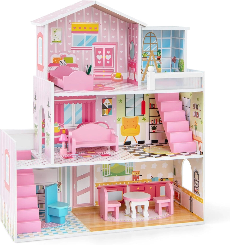 Casa delle Bambole in Legno, Casetta delle Bambini con 5 Stanze e 10 Mobili, 3 Piani, Regalo per Bambini 3+ Anni, 60 x 25 x 70 cm