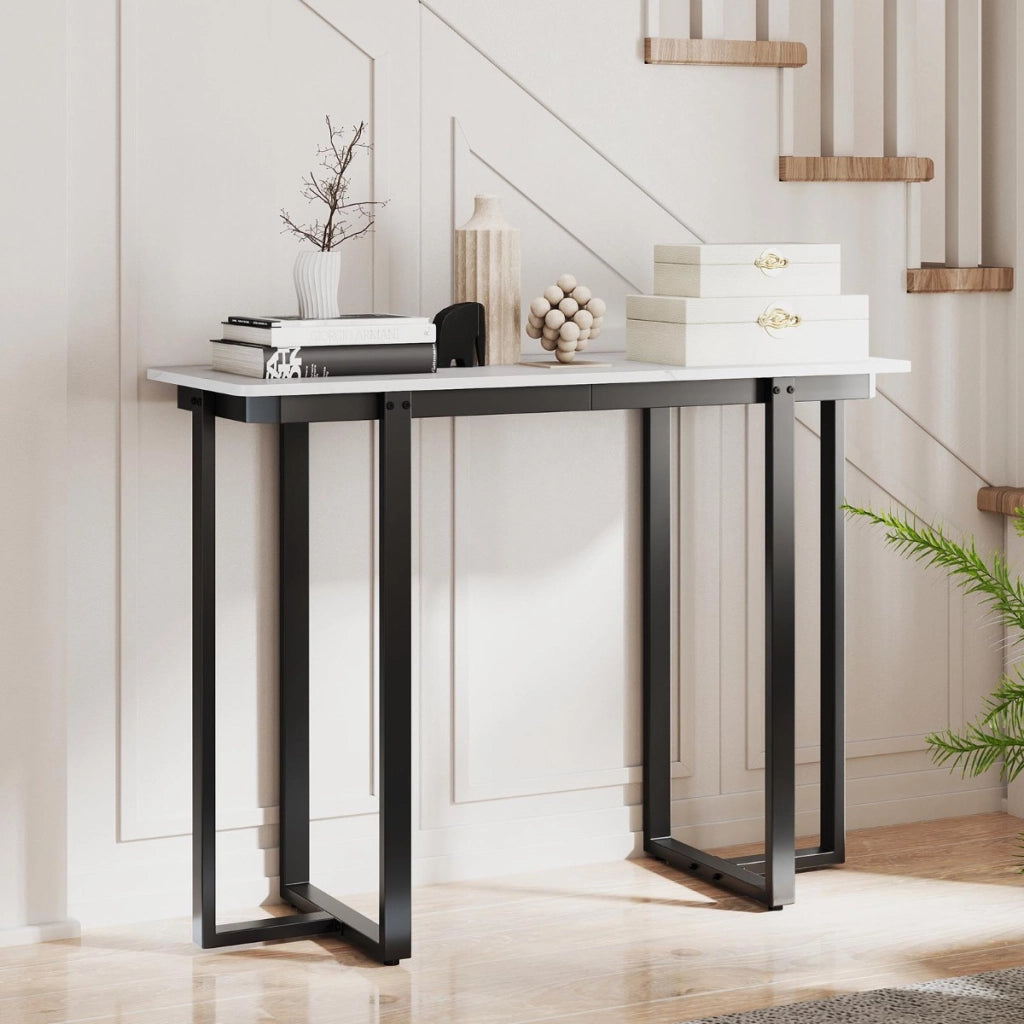 Tavolo console tavolo d'ingresso moderno in marmo finto con telaio geometrico in metallo-Tavolo stretto per soggiorno corridoio   107 x 40 x 79,5 cm