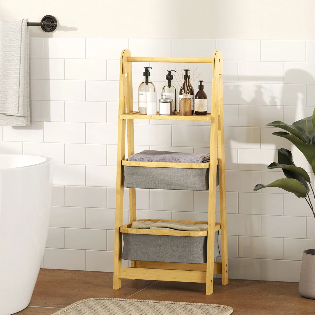 Ripiano Pieghevole per Bagno in Bamb¨´ con 2 Cestini per Biancheria ¨C zephmum ¨C Grigio 40x30x40 cm