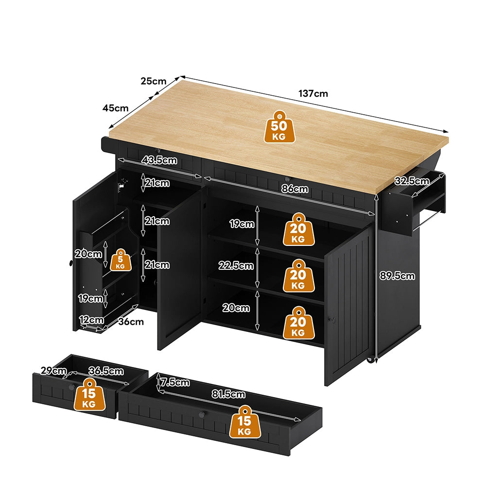 Isola cucina 6 ruote - Xylo - 137x89x45cm nero 2 cassetti
