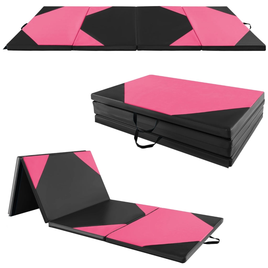 Tappetino da palestra pieghevole, 4 Pannelli in pelle PU con gancio e maniglie trasportabili Rosa-Tappetini ginnastica e yoga