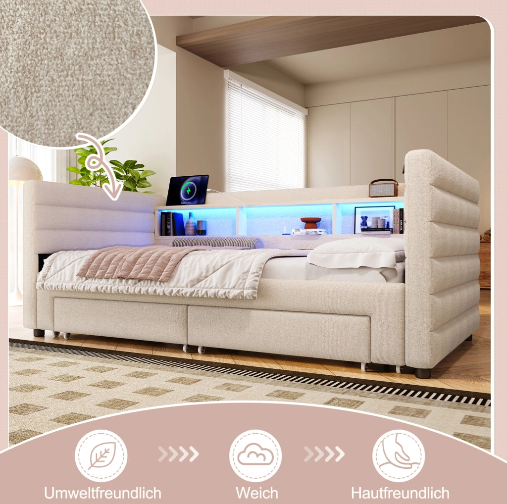 Divano letto estraibile in velluto beige 90 x 190 cm con LED