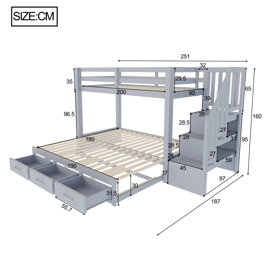 Letto a castello con funzione estraibile legno grigio 90x200 cm