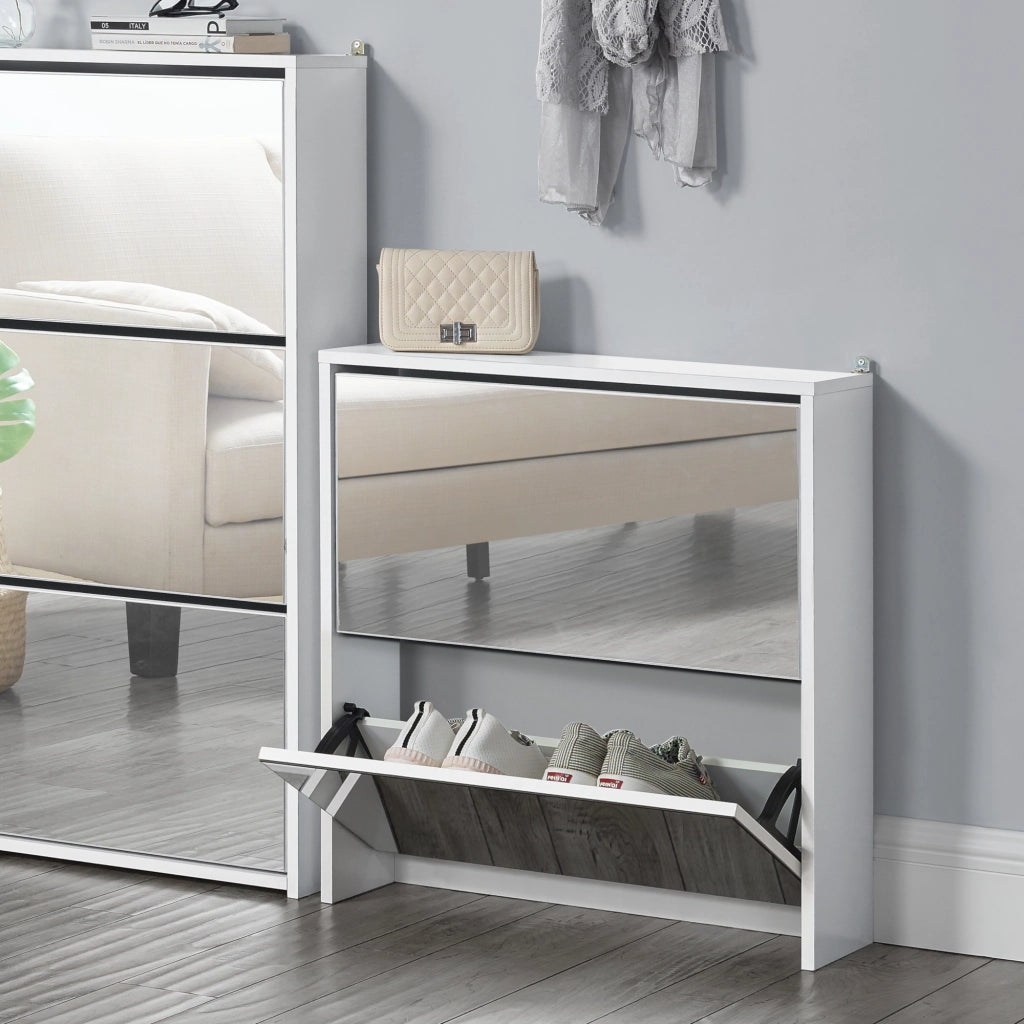 Scarpiera Stretta Lund con Ante a Specchio e 2 Contenitori Ribaltabili - Bianco [en.casa]