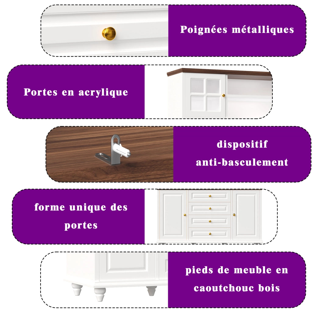 Credenza alta da cucina con 4 cassetti; ripiani regolabili e LED RGB; per cucina; 140 × 40 × 179.5 cm