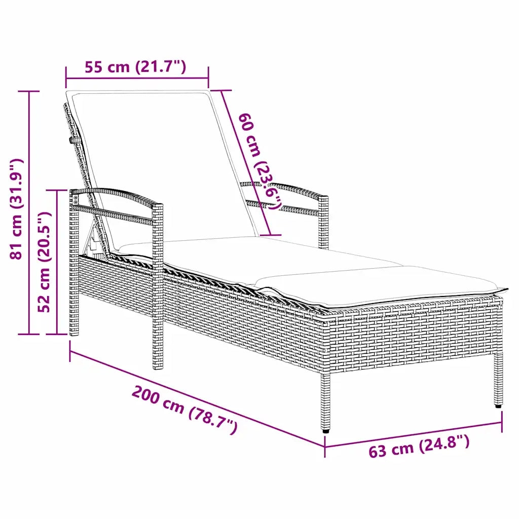 | Lettino da sole | con cuscino Nero 63 x 200 x 81 cm polyrattan 368307