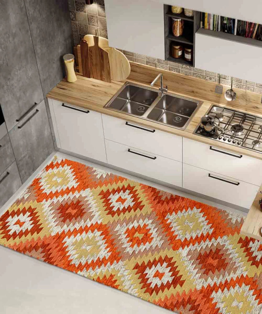 Tappeto moderno AVANA ARANCIONE geometrico etnico kilim, Tappeto arredo soggiorno salotto camera lavabile anti-scivolo cm.115x175