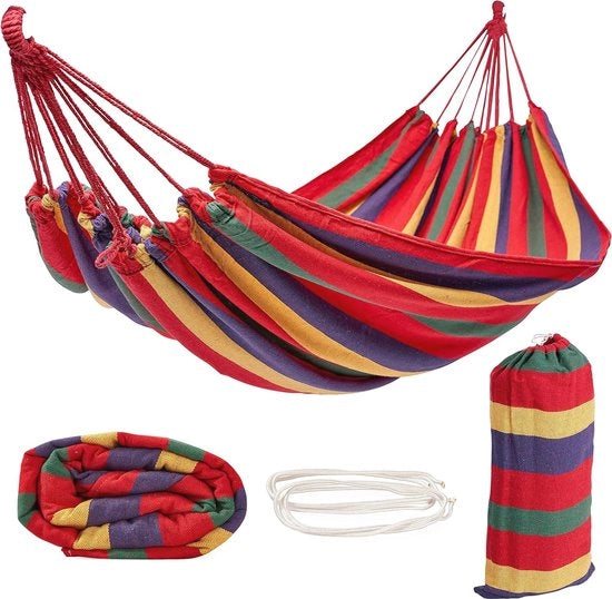 Hangmat Portatile in Cotone con Tasca 270x150cm (150kg) - Solida e Resistente - Facile da Assemblare - per Giardino Spiaggia Campeggio e Escursioni.
