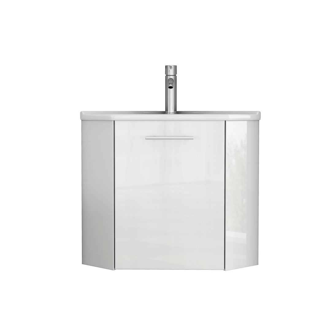 Mobile bagno angolare con lavabo in ceramica e paraschizzi; ante con chiusura ammortizzata; per bagno; bianco