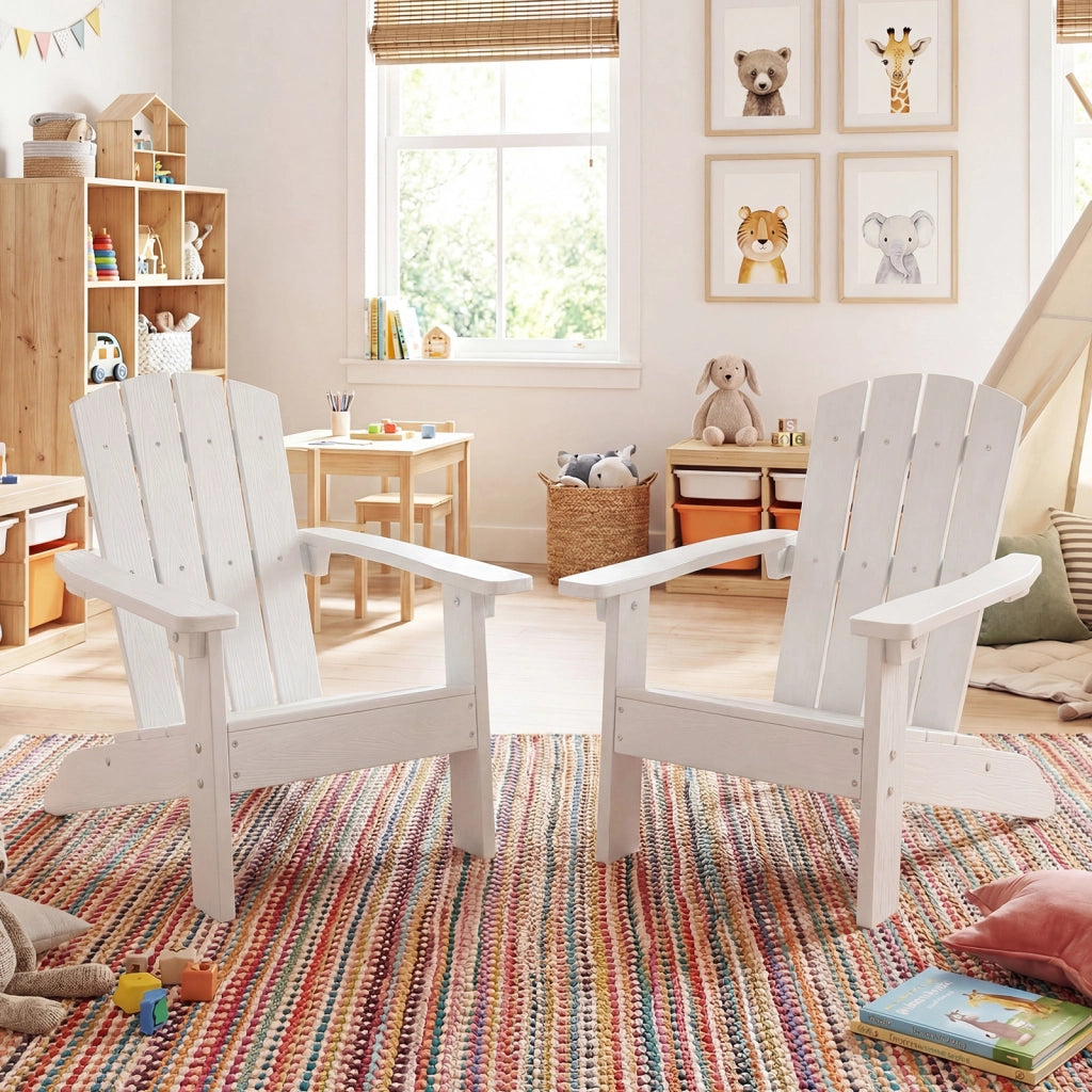 Sedia adirondack per bambini in plastica resistente alle intemperie, Poltrona da giardino con schienale a doghe inclinato Bianco