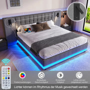 Letto imbottito matrimoniale 180×200 cm con testiera; LED; USB e spot; senza materasso; lino; grigio