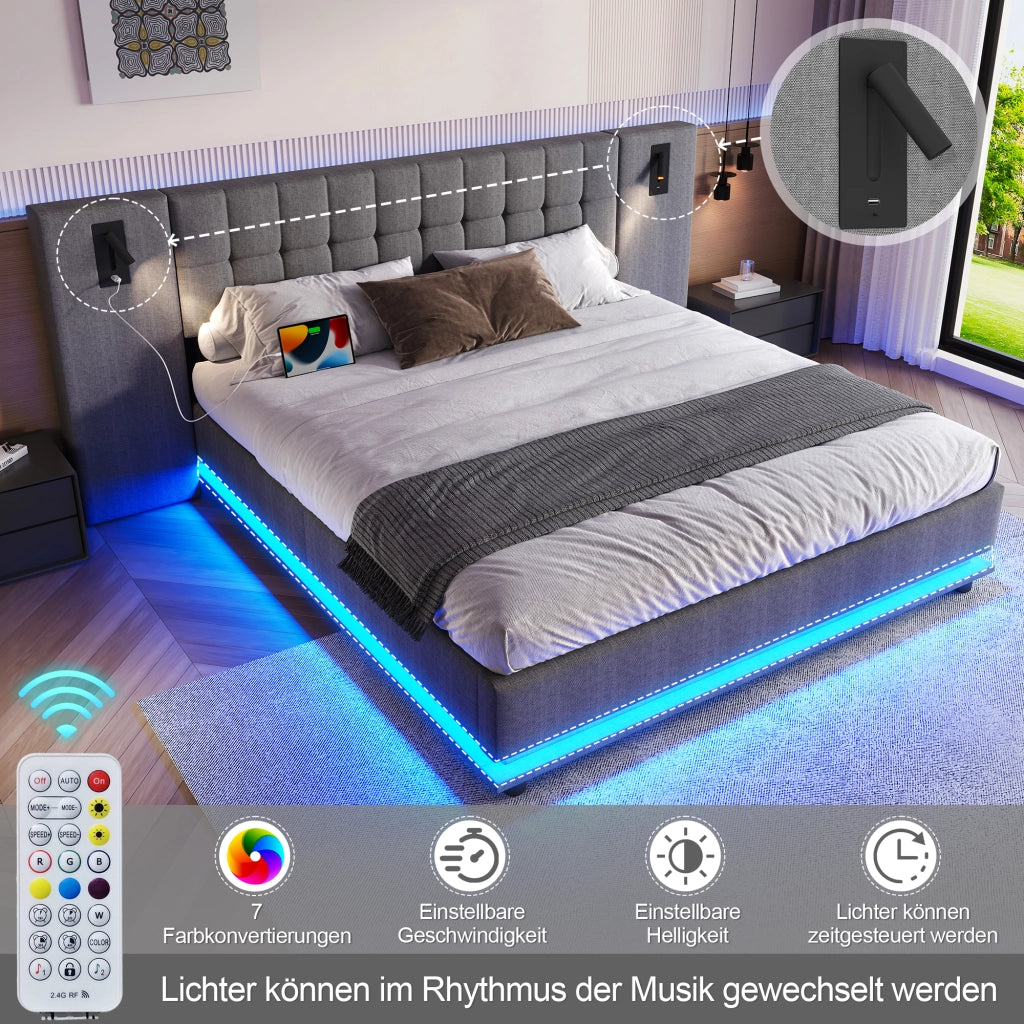 Letto imbottito matrimoniale 180×200 cm con testiera; LED; USB e spot; senza materasso; lino; grigio