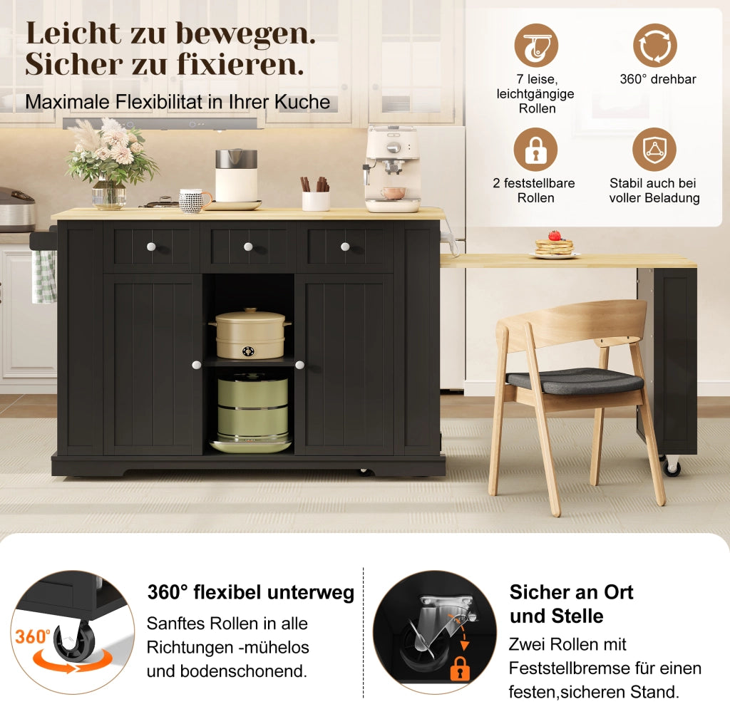 Isola cucina mobile con piano estraibile, prese e vani contenitore