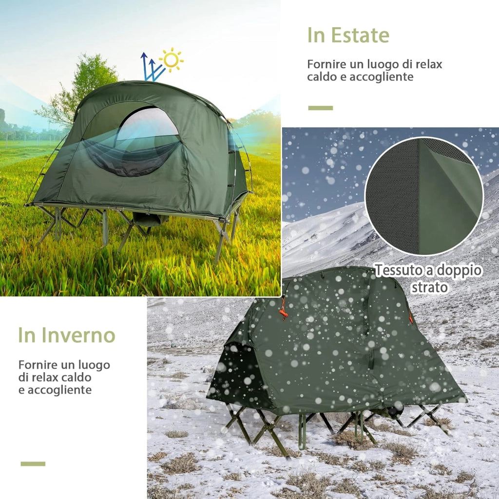 4 in 1 Tenda da Campeggio Rialzata per 2 Persone, Letto Brandina da Campeggio Pieghevole con Materasso Gonfiabile Automatico, Tenda a Doppio Strato Impermeabile e Antivento con Borsa