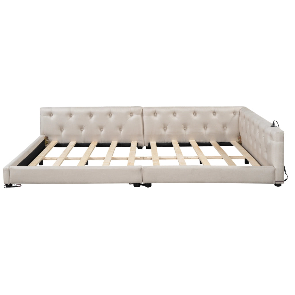 Divano letto con rete a doghe, luce LED e porte di ricarica USB e Type-C, 140 x 200 cm, beige