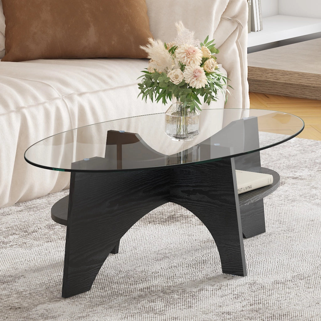 TAVOLINO Ovale in Vetro di Sicurezza 104,9 x 60 x 35,6 cm Nero/Trasparente