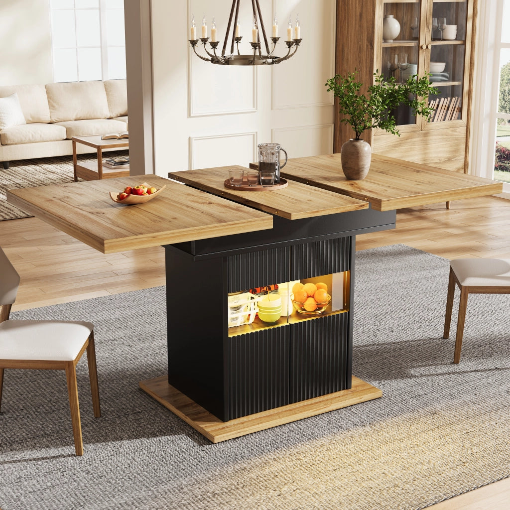 Tavolo da pranzo allungabile con vano contenitore chiuso; ripiano regolabile e illuminazione LED; per cucina e sala da pranzo; 110 × 80 × 76 cm