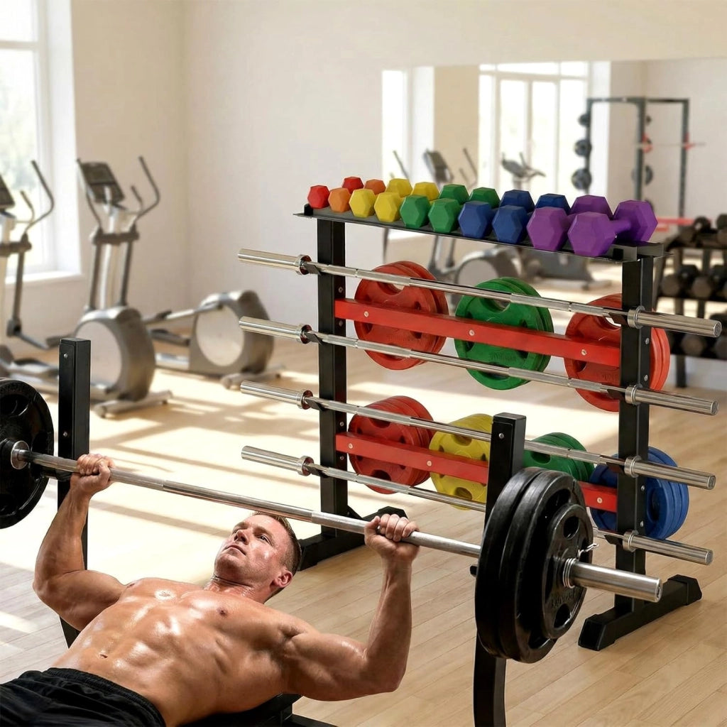 Supporto per manubri, supporto per bilancieri a 3 livelli, in acciaio, supporto per bilanciere corto, per casa, palestra, per manubri, kettlebell, max. 300 kg, 96 x 47 x 100 c