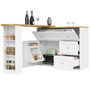 Tavolo Bar Estensibile con 2 Cassetti a Ribalta; Vani Contenitore e Piano Girevole; in MDF; 138-204x39x105 cm; Bianco