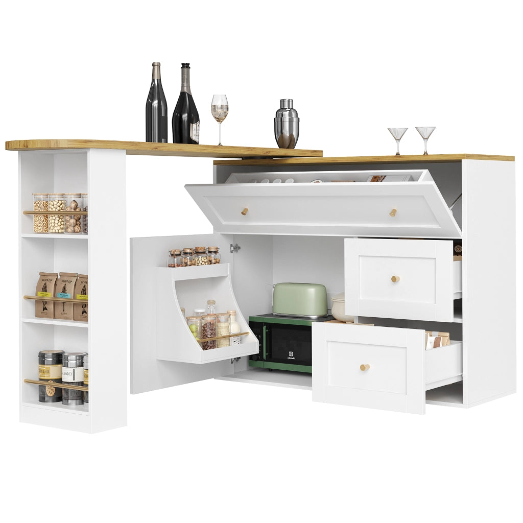 Tavolo Bar Estensibile con 2 Cassetti a Ribalta; Vani Contenitore e Piano Girevole; in MDF; 138-204x39x105 cm; Bianco