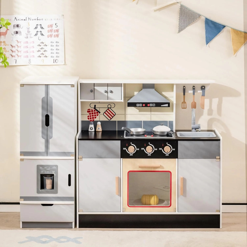 Cucina per Bambini in Legno con Funzione Luci e Suoni, Frigorifero, Macchina del Ghiaccio, Forno, Microonde, Lavello e Rubinetto, 3+ Anni