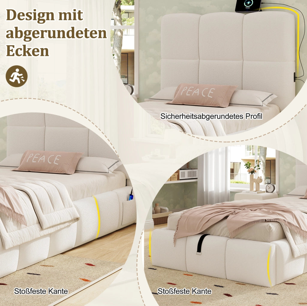 Letto imbottito singolo 90x200 cm con contenitore idraulico; rete a doghe e USB Type-C bouclé beige