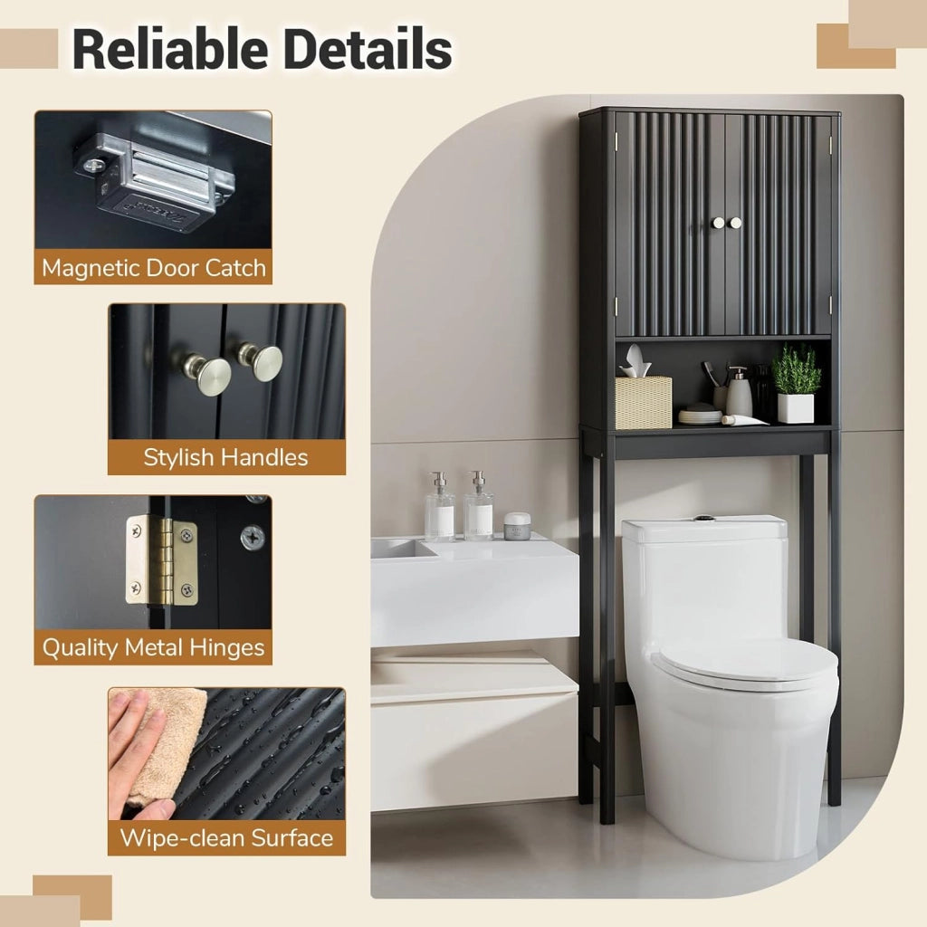 Mensola WC con ripiani regolabili, armadietto WC con 2 ante e ripiano aperto, 60 × 23 × 168 cm, salvaspazio per bagno e lavanderia (nero)