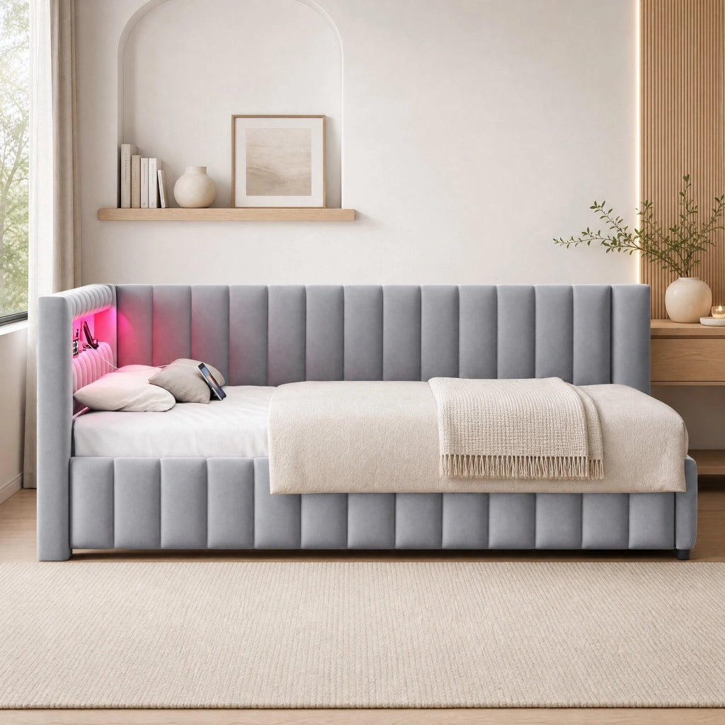DESMIU Divano letto 140 × 200 cm 2 posti con LED e porta USB, senza materasso, in velluto, grigio