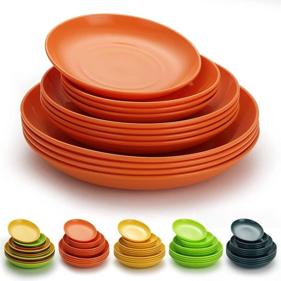Set di piatti in plastica, 12 pezzi, piatti piatti, 3 misure 15,5/19,5/23,5 cm, servizio per tutta la vita e per tutte le età, resistente al microonde, resistente al lavastoviglie