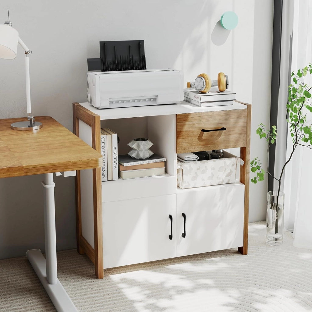 Credenza Cucina con Ripiano Regolabile, Armadio Dispensa con Cassetto, Ripiani Aperti e Armadio con 2 Ante, Mobile Buffet per Sala da Pranzo, Soggiorno, 82 x 40 x 81 cm, Bianco