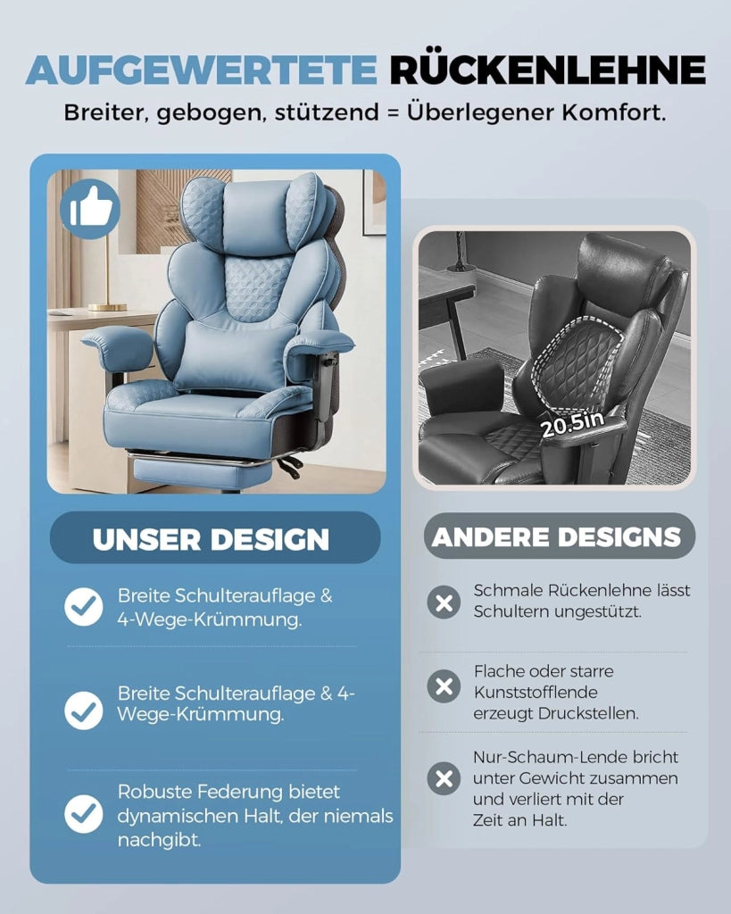 Sedia da gaming ergonomica da ufficio 180 kg, con supporto lombare regolabile e poggiapiedi, design ibrido in ecopelle e mesh, schienale regolabile a 150°, sedia direzionale alta, blu