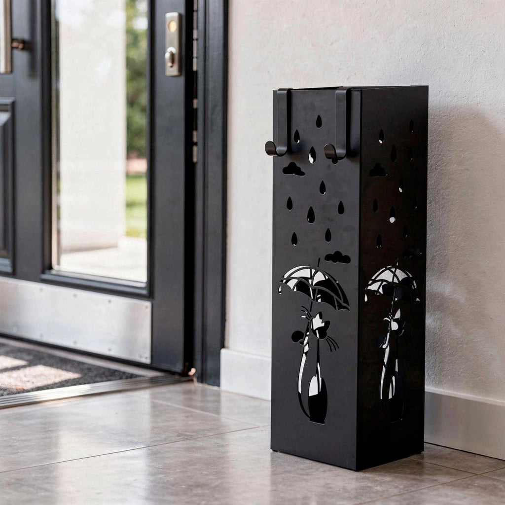 Portaombrelli Moderno In Metallo Con Gatto Decorativo Due Ganci Laterali Vaschetta Scolapioggia Removibile Base Antiscivolo Stand Per Casa E Ufficio 49 X 15.5 X 15.5 Cm Nero