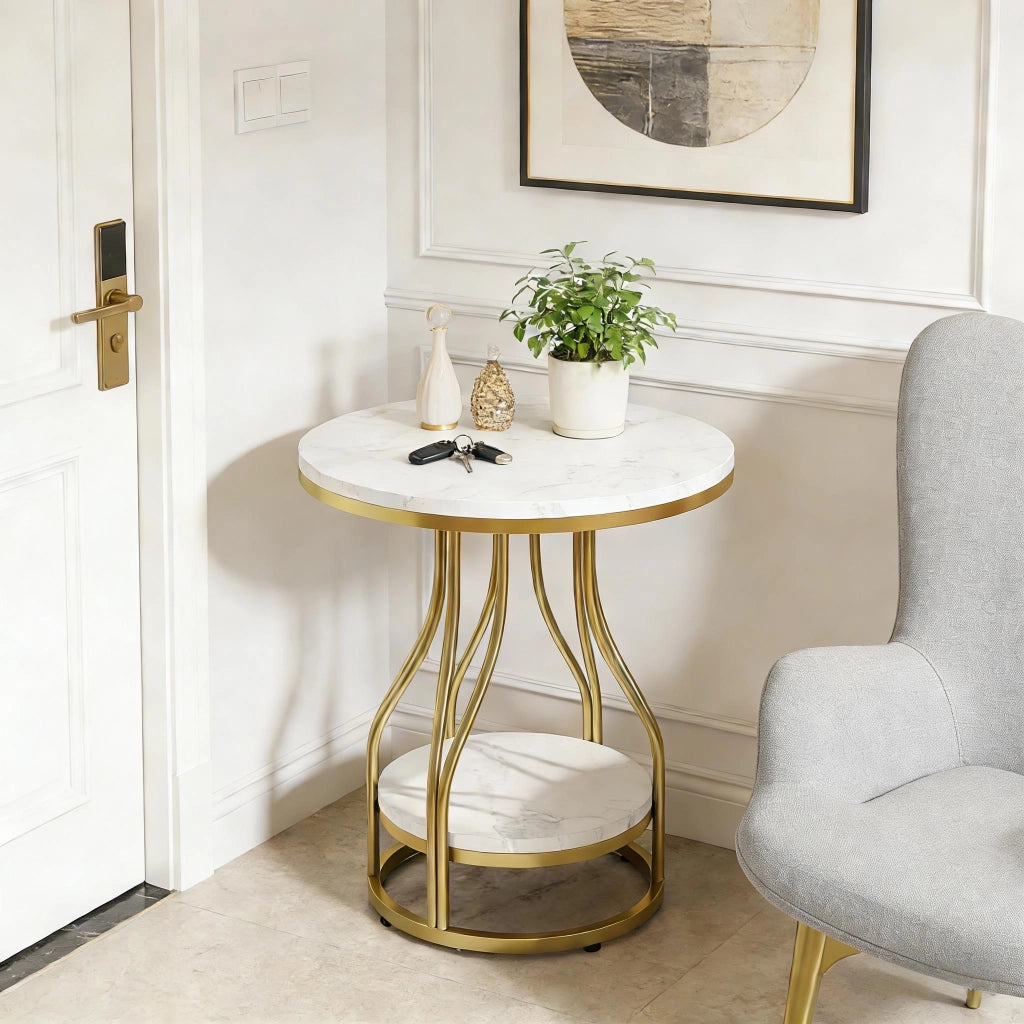 Tavolino basso fisso rotondo a 2 ripiani in marmo artificiale bianco e oro 50 × 50 × 60 cm