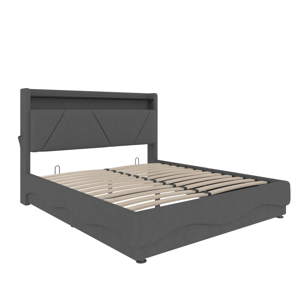 Letti contenitori 140x200 cm con ripiano; LED; velluto grigio (Senza materasso)