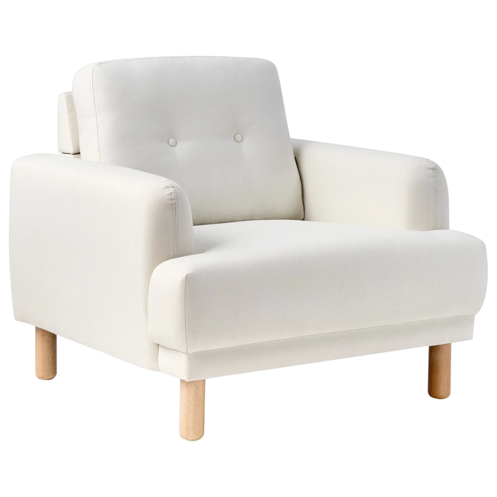 Poltrona retrò con rivestimento in poliestere gambe in legno spessa seduta in tessuto bianco sporco soggiorno moderno e minimalista