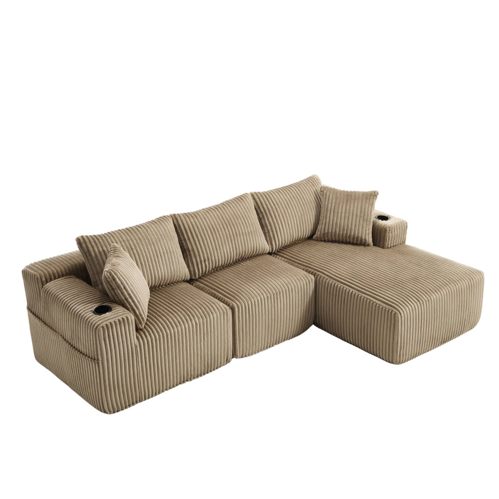 Divano modulare con chaise longue e 2 posti; 257x90-160x62 cm; in corduroy khaki