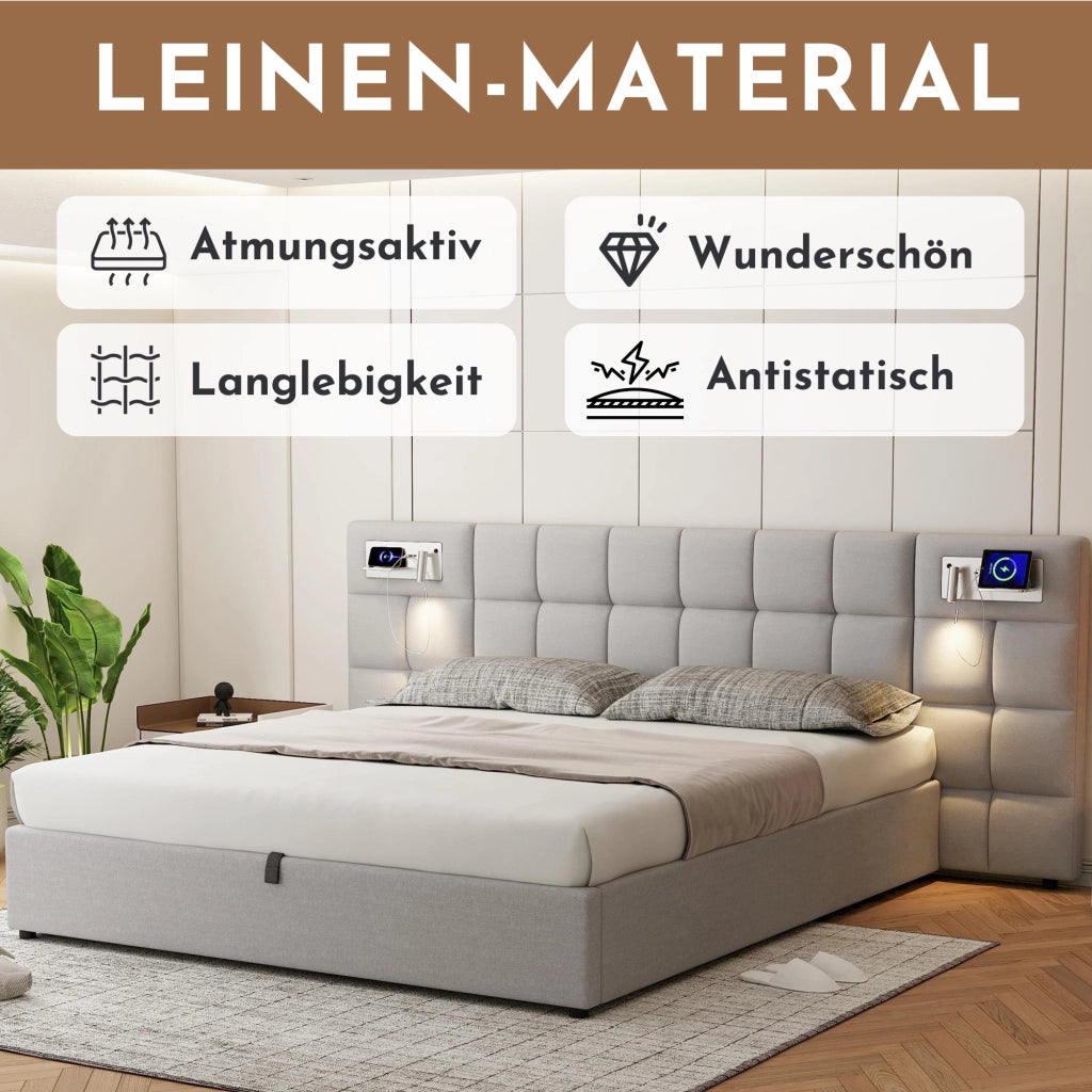 Letto Contenitore 180x200 cm idraulico con USB; ricarica wireless e luce; in Lino Grigio