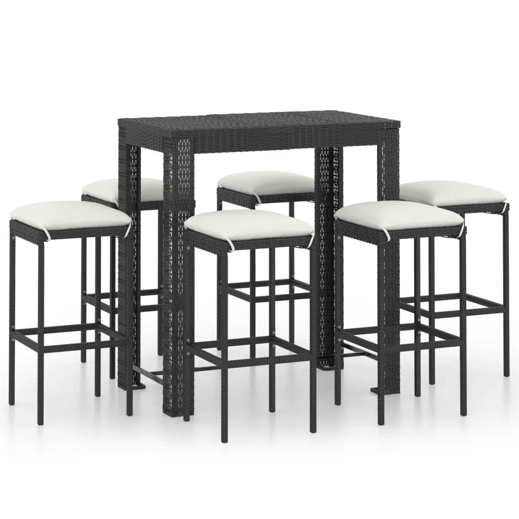 Set da bar da giardino 7 pezzi e cuscini in resina intrecciata nera 02_0013433