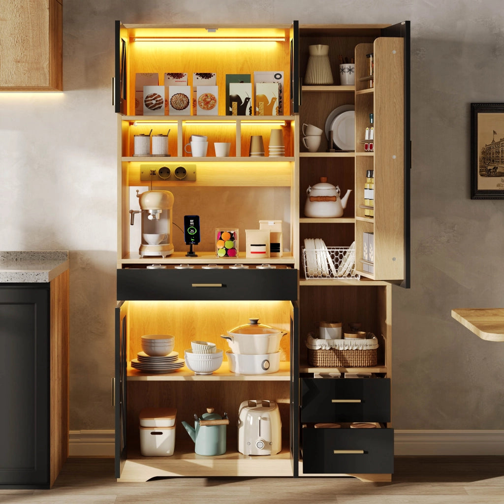 Credenza alta con vetrina e LED a colori, ripiani regolabili, 1 cassetto, prese e porte USB per cucina e soggiorno 185 × 105 × 40 cm