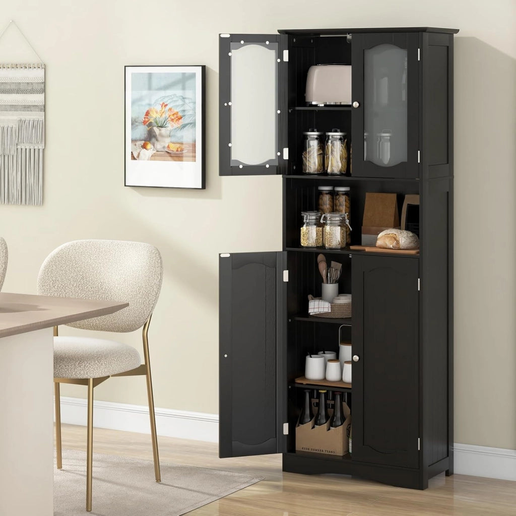 Armadietto Salvaspazio 60 x 30 x 164cm, Mobile Bagno con Scomparti Aperti, Ripiani Regolabili e 2 Porte in Vetro Temprato, Armadio da Bagno per Ufficio, Soggiorno e Camera da Letto (Nero)