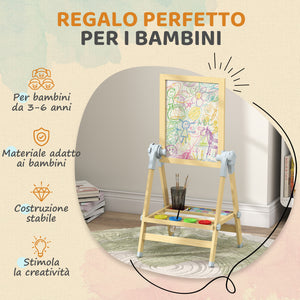 Cavalletto per Bambini Doppia Lavagna per Gesso e Pennarelli Lavagnetta Magnetica e Rotolo di Carta Legno