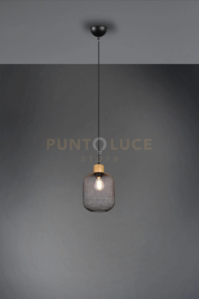 CALIMERO SOSPENSIONE RETE METALLO NERO CON PARTICOLARE IN LEGNO NATURALE D. 18CM 1 LUCE ATTACCO E27