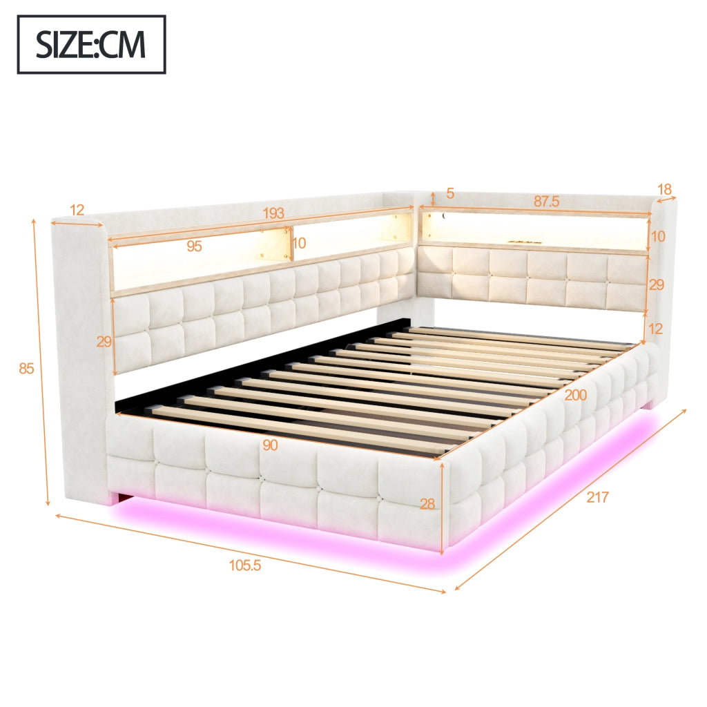 Letto divano 90 × 200 cm con contenitore idraulico, ripiani in legno, LED, USB e Type-C, senza materasso, beige