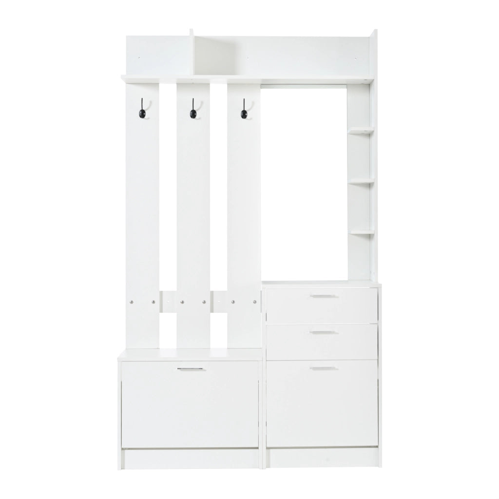 Mobile ingresso con scarpiera e specchio 110x34x185 cm in MDF bianco con appendiabiti e cassetti per corridoio