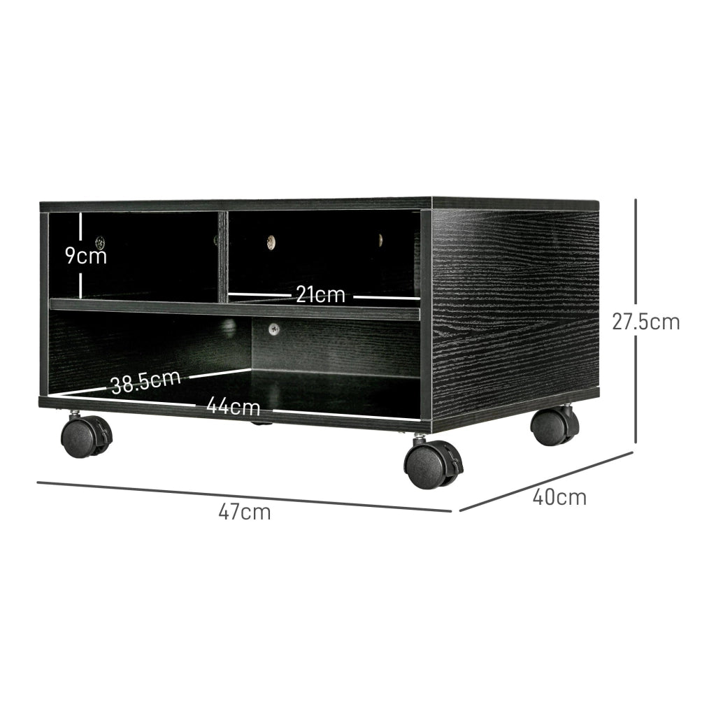 Mobile Porta Stampante a 2 Ripiani in Legno con Ruote per Ufficio e Studio 47x40x22,5 cm in Truciolato Nero
