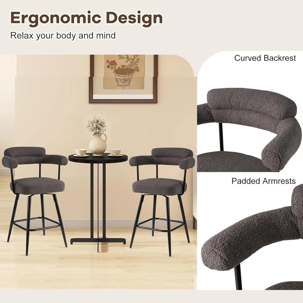 Set di 2 Sgabelli da Bar Girevoli Altezza 69 cm, Sedie Moderne Imbottite con Tessuto Boucle, Schienali Curvi e Gambe in Metallo, Sedie Girevoli per Isola Cucina, Casa, Bianco/Grigio (Grigio)