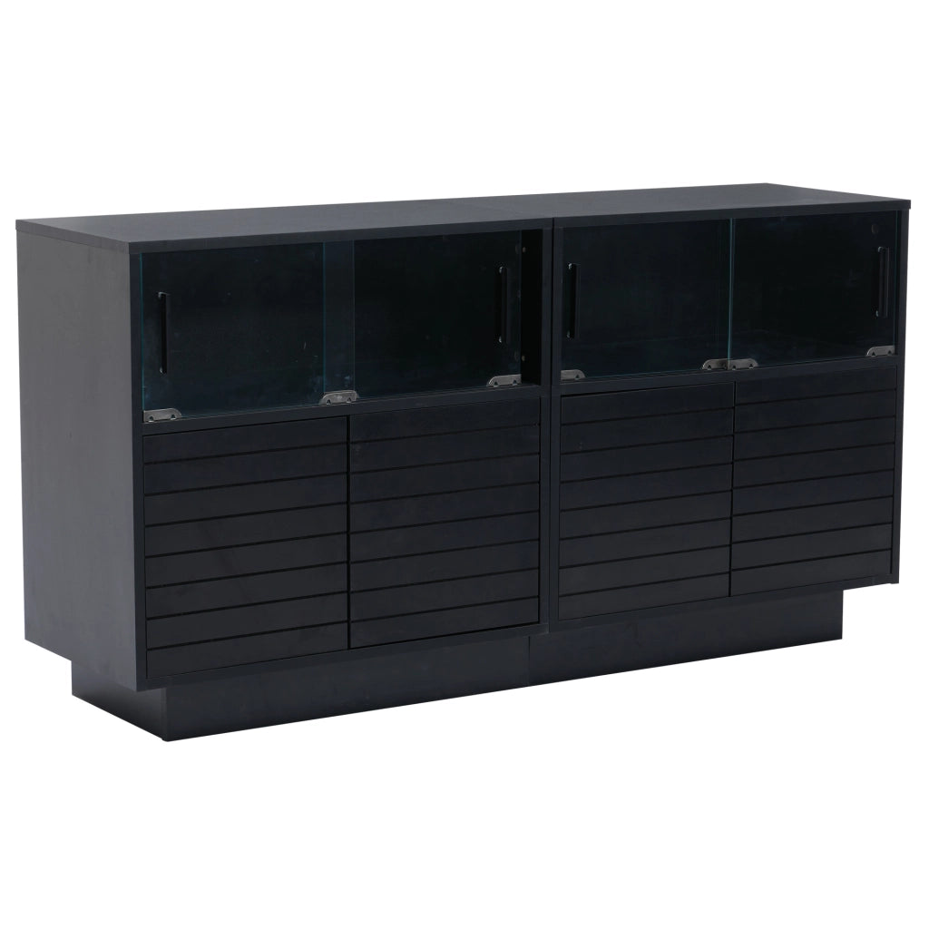 Credenza 130x35x68 cm con LED e ante scorrevoli in vetro; truciolato e vetro temperato nero
