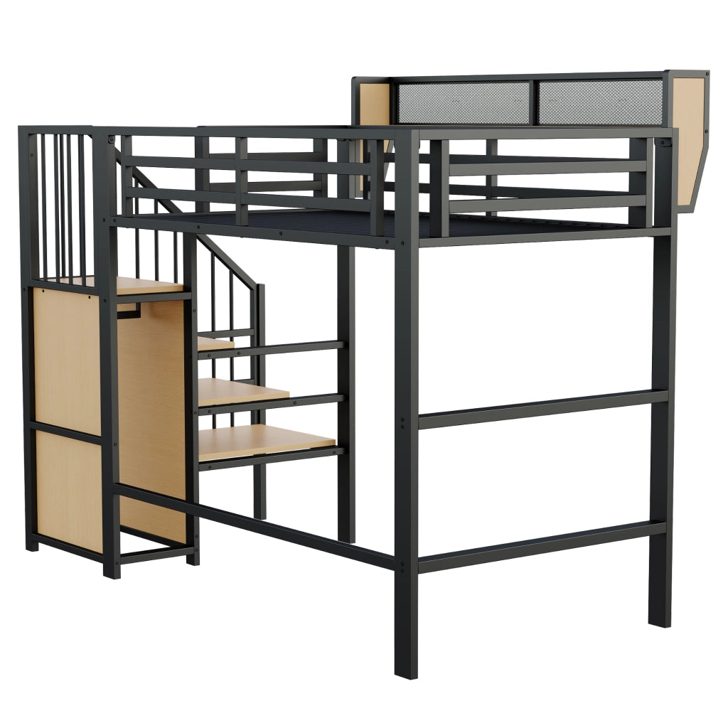 Letto a soppalco singolo 90×200 cm con scala di sicurezza e ripiano; senza materasso; metallo; nero