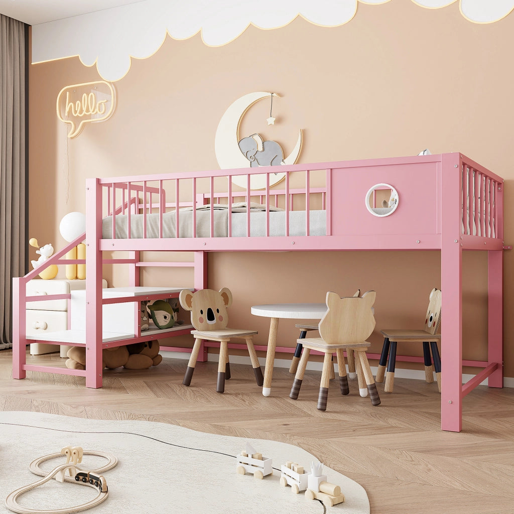 Letto a castello basso per bambini 90x200 cm in metallo con scala contenitore, Rosa